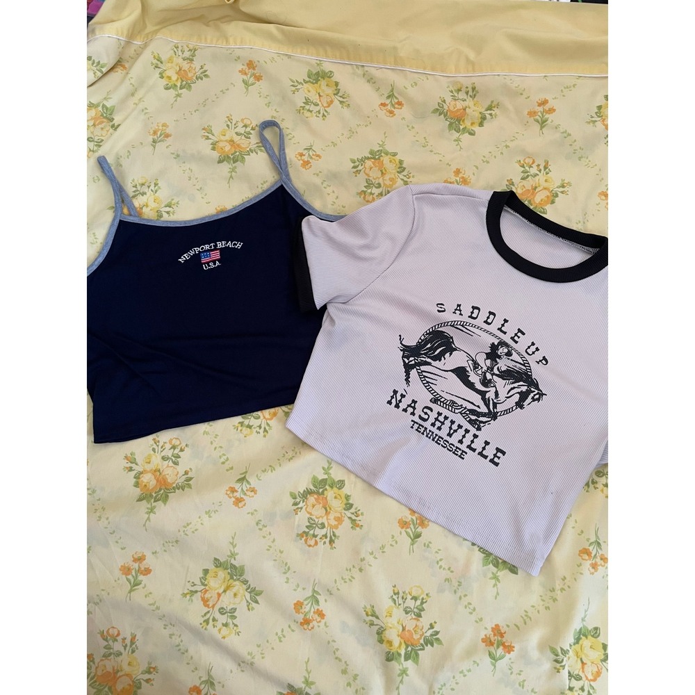 Shein Graphic Crop Top Bundle Nashville Ringer Tee Newport Beach Cami Size L